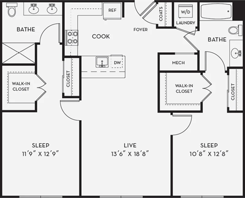 A black and white image of a floor plan for a home with two bedrooms, a living room, a kitchen, a bathroom, a laundry room, a closet, a coatroom, and a mech.